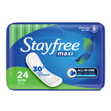 Stayfree maxi pads packaging with blue and green design on a white background