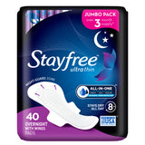 Stayfree ultra thin overnight pads packaging with blue and purple design