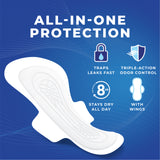 Product packaging with text 'All-in-One Protection' and features on a blue background